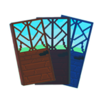 Two framed door pieces with glass panes, one brown and one blue, the store icon for Doors Pack