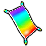 A rainbow-colored flying carpet with corner tassels, the store icon for Flying Carpet