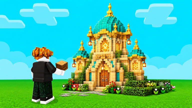 A Roblox character holding a wooden block faces a large ornate palace with golden walls, teal domes and lanterns, built entirely from blocks.