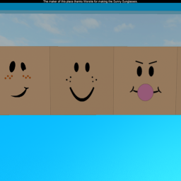Blocks painted with different smiley faces in a Build Whatever world, with sky and water behind them
